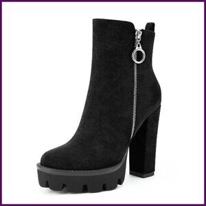 Suede Platform Ankle Boots Chunky Heel Lug Sole Zipper Wedding Party